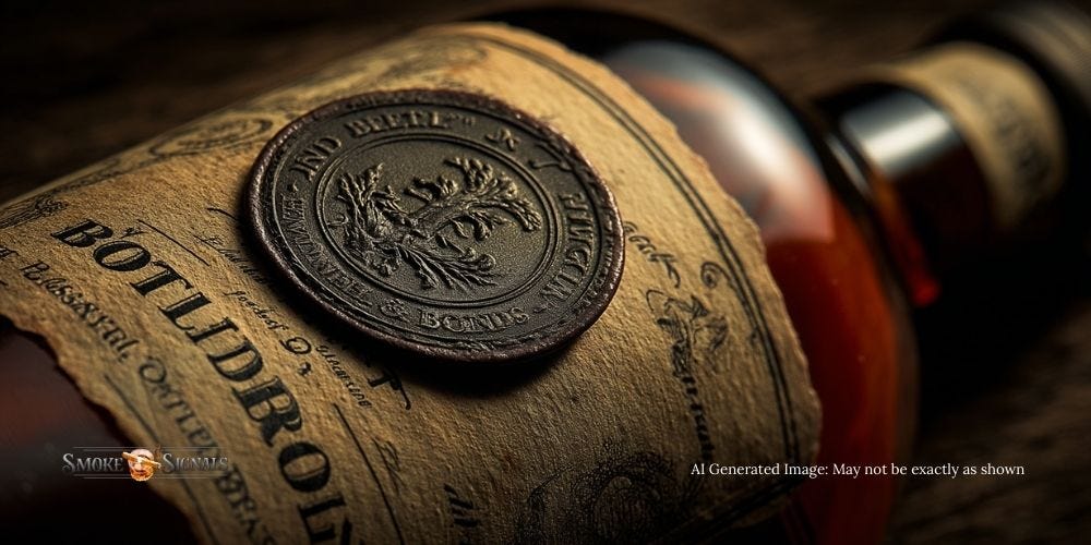 A bourbon bottle with Bottled-in-Bond label and vintage seal.