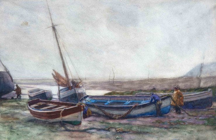 'Afgemeerde vissersboten bij de kust van Lynmouth, Engeland' - aquarel: Hendrik Jan Wolter (kavel 3) 'Afgemeerde vissersboten bij de kust van Lynmouth, Engeland' - aquarel: Hendrik Jan Wolter (kavel 3)