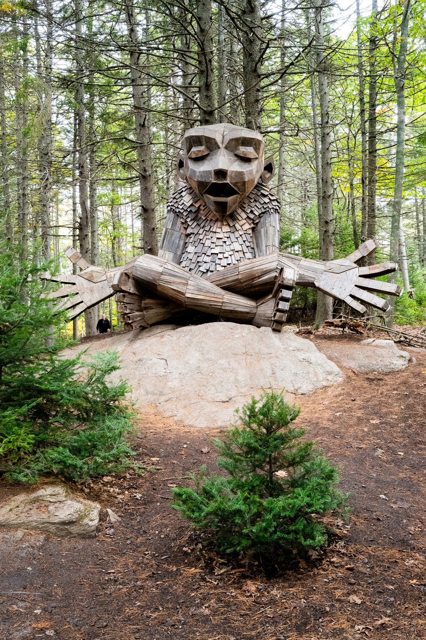 Giant wood sculpture of a troll sitting in lotus position on a rock in the Maine woods at the Maine Botanical Gardens.