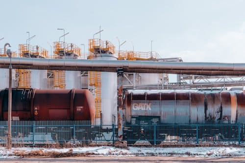 Free A refinery with industrial train cargo tanks in Trzebinia, Poland on a winter day. Stock Photo