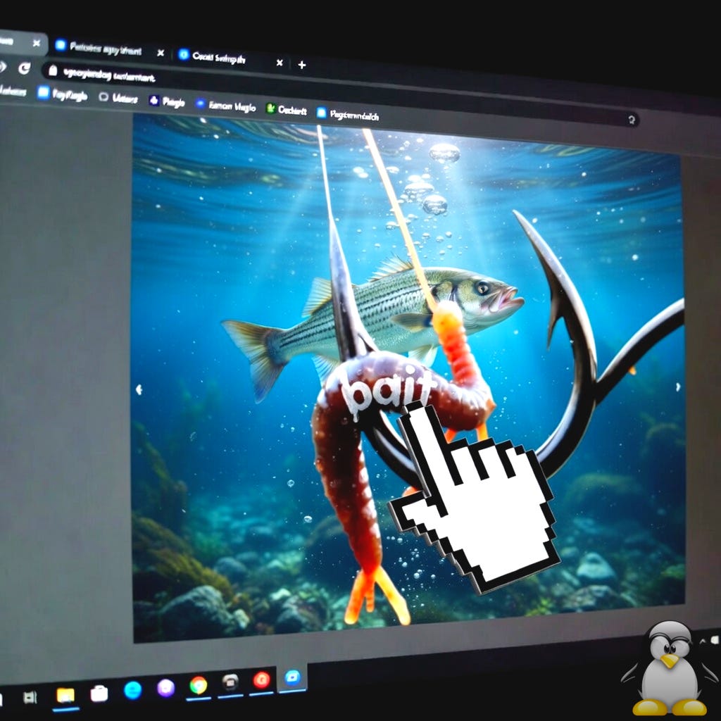 A finger shaped cursor hovering over the image of a baited hook