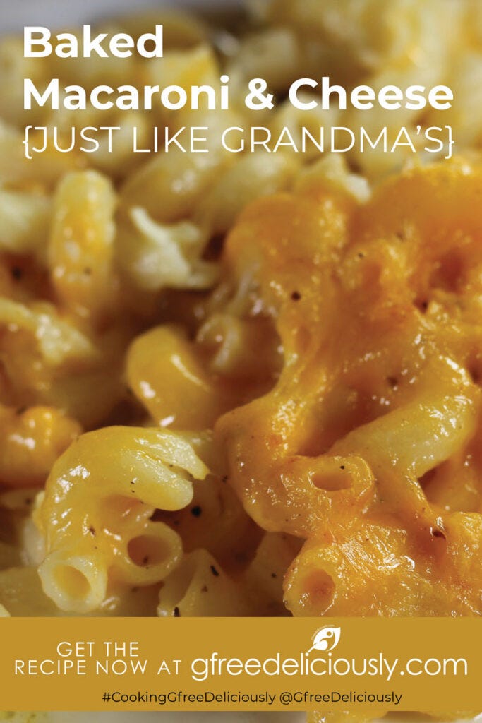 Closeup of baked macaroni and cheese, Pinterest share image, 800x1200px