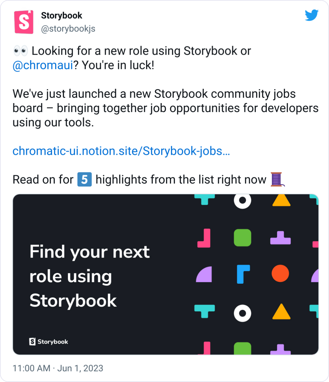 Storybook @storybookjs ๐ Looking for a new role using Storybook or @chromaui ? You're in luck! We've just launched a new Storybook community jobs board โ bringing together job opportunities for developers using our tools. https://chromatic-ui.notion.site/Storybook-jobs-board-950e001e4a114a39980a5b09c3a3b3e1 Read on for 5๏ธโฃ highlights from the list right now ๐งต Storybook @storybookjs ๐ Looking for a new role using Storybook or @chromaui ? You're in luck! We've just launched a new Storybook community jobs board โ bringing together job opportunities for developers using our tools. https://chromatic-ui.notion.site/Storybook-jobs-board-950e001e4a114a39980a5b09c3a3b3e1 Read on for 5๏ธโฃ highlights from the list right now ๐งต