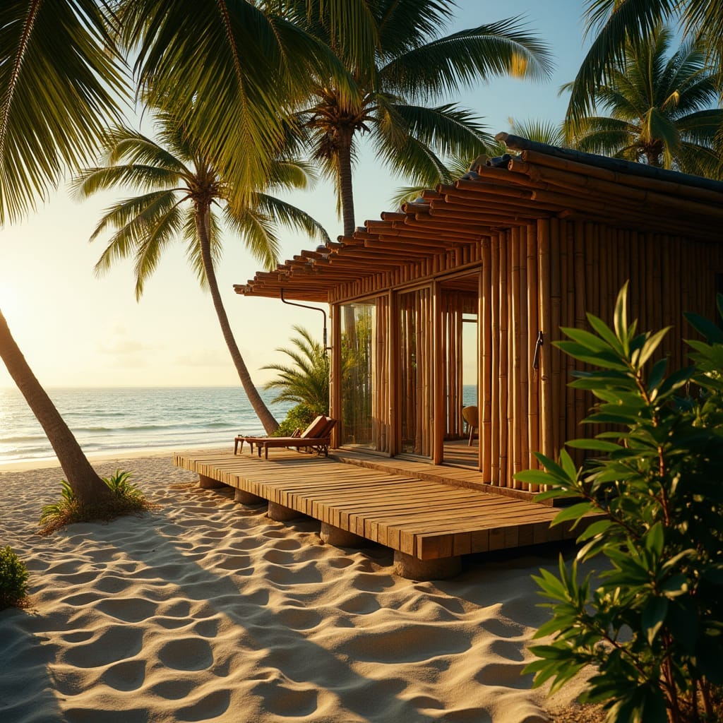 Serenene modern bamboo home nestled among swaying palm trees on a pristine Jamaican beach, warm golden light casting long shadows across the wooden deck. Soft focus, subtle film grain, and a gentle vignette evoke a sense of nostalgia