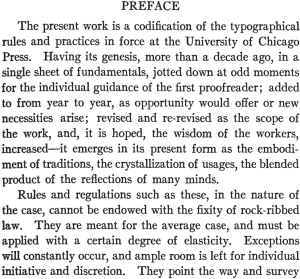 The first several lines from the preface to the 1906 first edition of Chicago. The first line following the heading "Preface" begins with a paragraph indent.