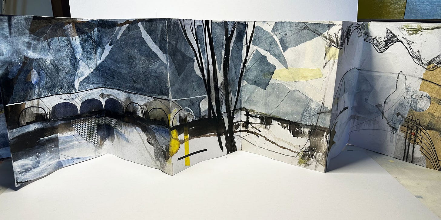 sketchbook pages with an abstract landscape and winter trees
