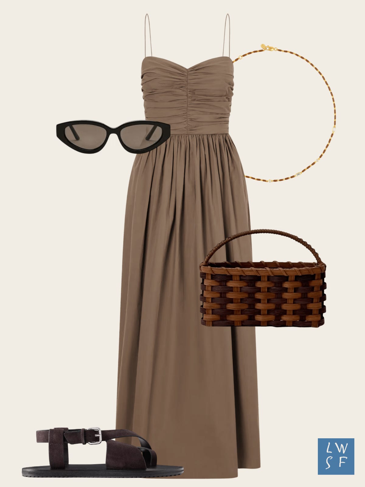 Summer outfit idea: taupe ruched midi dress, dark brown woven basket bag, brown strappy suede sandals, black and brown angular sunglasses, gold and enamel necklace