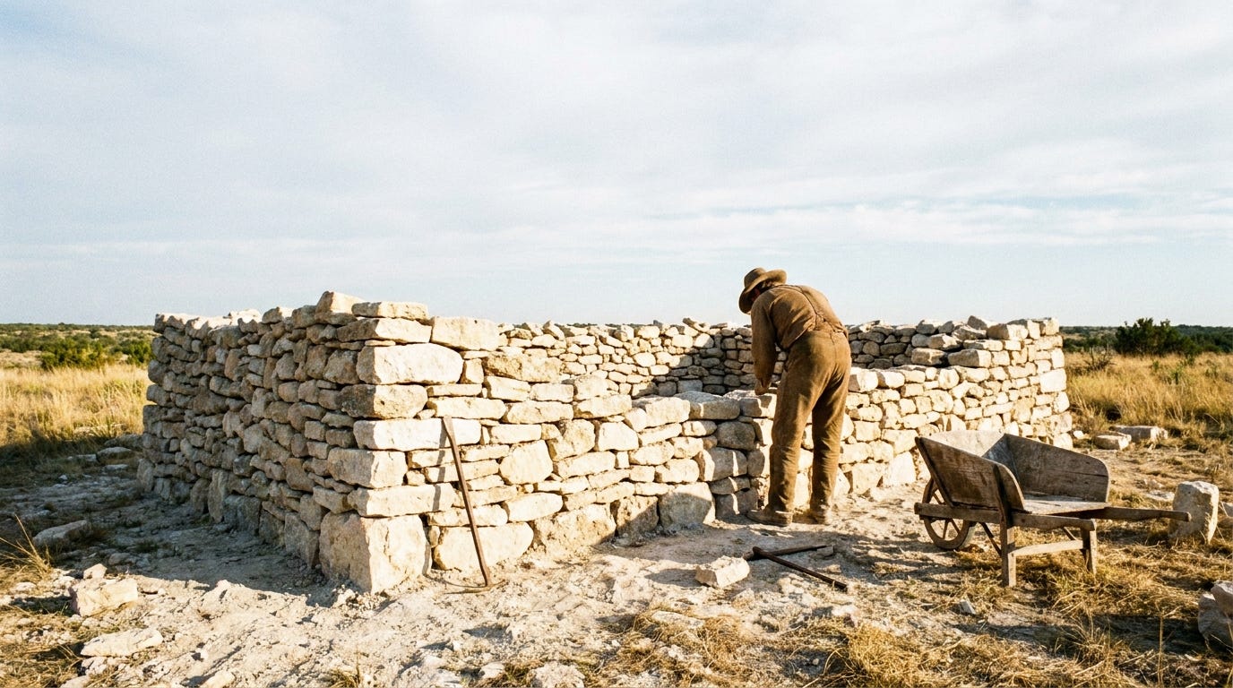 A low half-built wall of pale stacked stones on bare dry ground under a vast luminous sky, strong warm sunlight across the weathered stone and pale earth of a wide wilderness reaching to distant hills, unstaged documentary style, no people, no faces, no text A low half-built wall of pale stacked stones on bare dry ground under a vast luminous sky, strong warm sunlight across the weathered stone and pale earth of a wide wilderness reaching to distant hills, unstaged documentary style, no people, no faces, no text