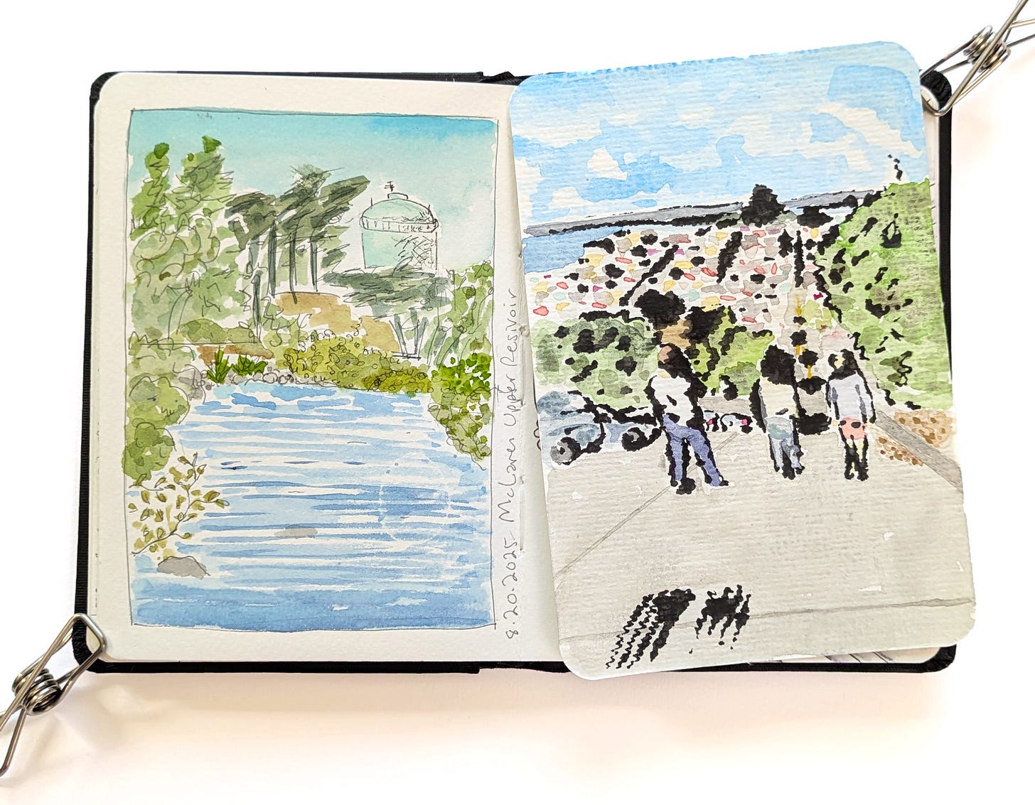 Watercolor sketchbook. Drawing with watercolor of lake and water tower in McLaren Park. Monoprint and watercolor postcard depicting view from Filbert St. with tourists taking in the view