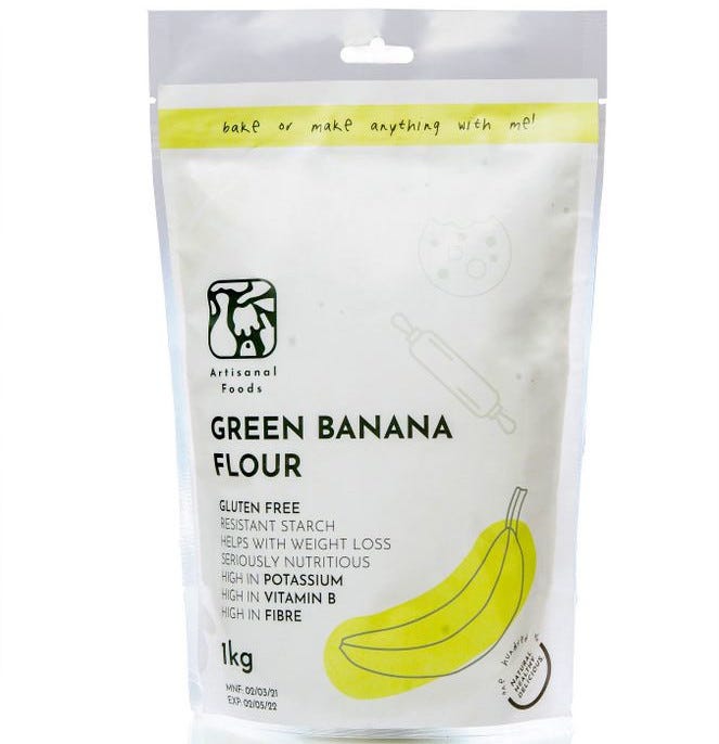 A packet of green banana flour.