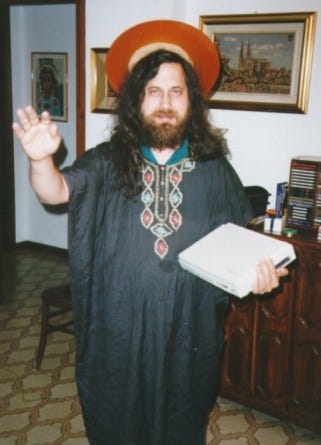 Richard Stallman in his Saint Ignucius of the Church of Emacs costume Richard Stallman in his Saint Ignucius of the Church of Emacs costume