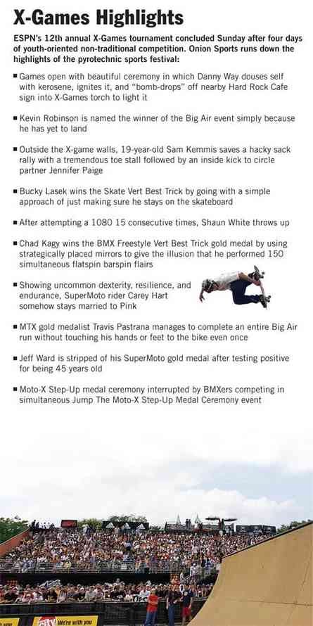 A newspaper clipping from Onion Sports featuring satirical highlights of ESPN's 12th annual X-Games. The article includes a bulleted list of absurd recap jokes mentioning athletes like Danny Way, Shaun White, Carey Hart, and Travis Pastrana, alongside an image of a skateboarder in mid-air and a view of a mega ramp crowd.