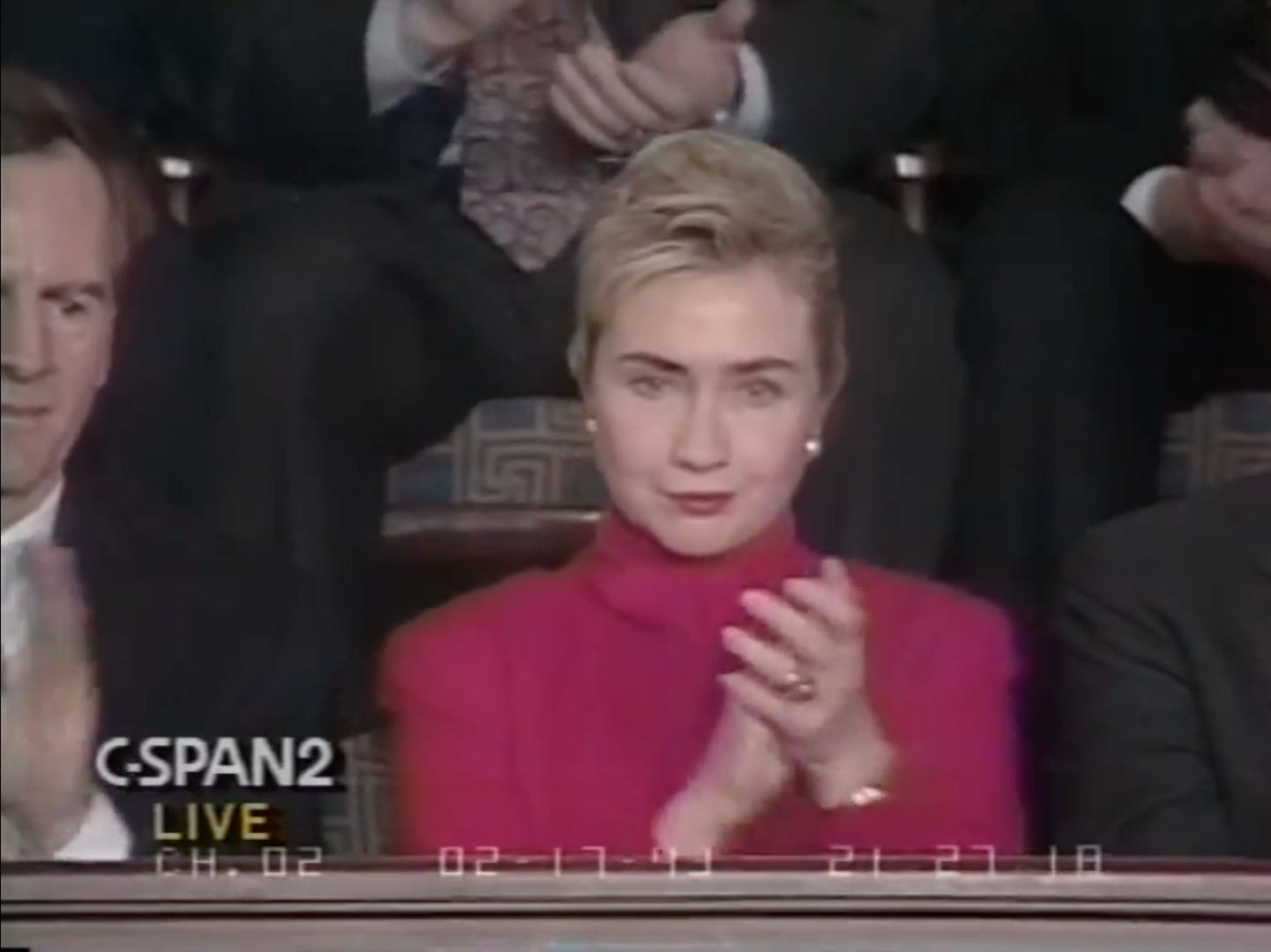 Hillary Clinton, attending the 1993 State of the Union, with John Sculley to her right. Hillary Clinton, attending the 1993 State of the Union, with John Sculley to her right.