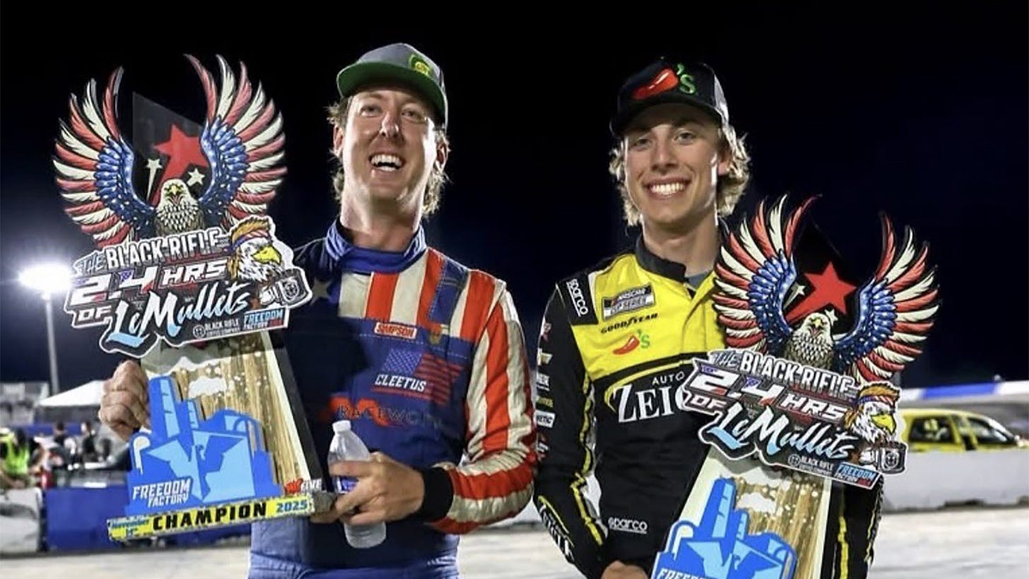 Carson Hocevar and Cleetus McFarland teamed to win the 2025 2.4 Hours of LeMullets at Freedom Factory on Saturday night. Carson Hocevar and Cleetus McFarland teamed to win the 2025 2.4 Hours of LeMullets at Freedom Factory on Saturday night.