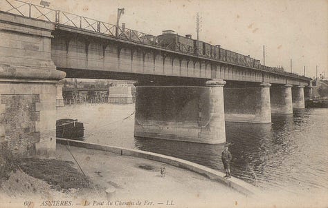 Asnières - Pont du Chemin de Fer, photograph, c.1905. Vincent van Gogh, Banks of the Seine with the Pont de Clichy, 1887, Oil on canvas, 30.5 × 39 cm, Private collection. Vincent van Gogh, Factories at Clichy, 1887, Oil on canvas, 53.7×72.7 cm Saint Louis Art Museum, Missouri Funds given by Mrs. Mark C. Steinberg by exchange.