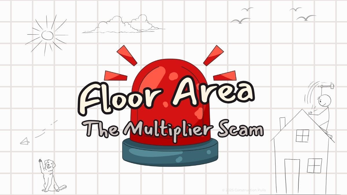 Red alarm siren with text "Floor Area Fraud Tactics" on blueprint grid background with house sketch and Inspector Milo in corner Red alarm siren with text "Floor Area Fraud Tactics" on blueprint grid background with house sketch and Inspector Milo in corner