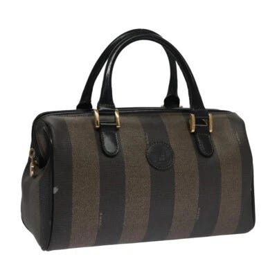 FENDI Pecan Canvas Hand Bag Brown Black gold Auth 102870 - Picture 1 of 22