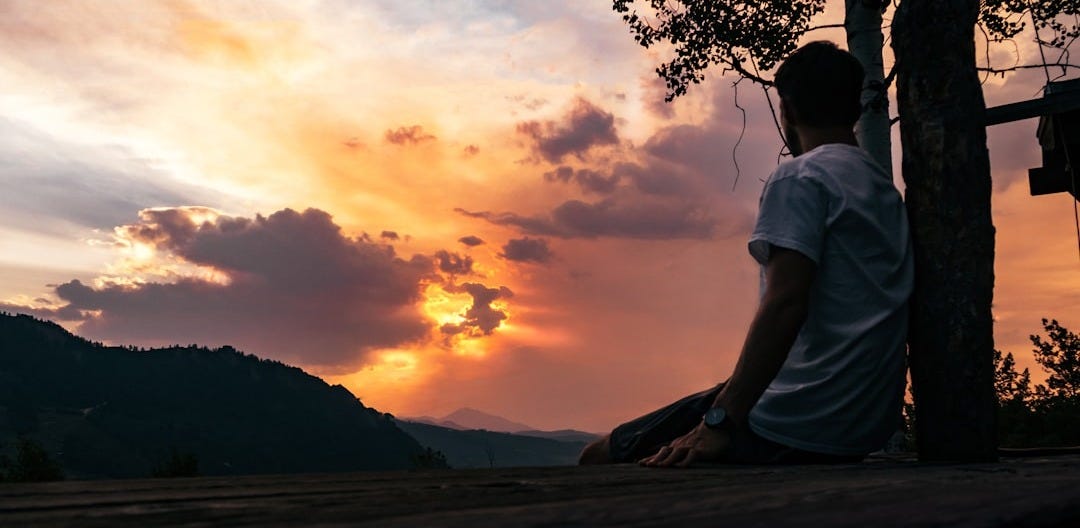 man in white t-shirt sitting on brown tree branch during sunset man in white t-shirt sitting on brown tree branch during sunset