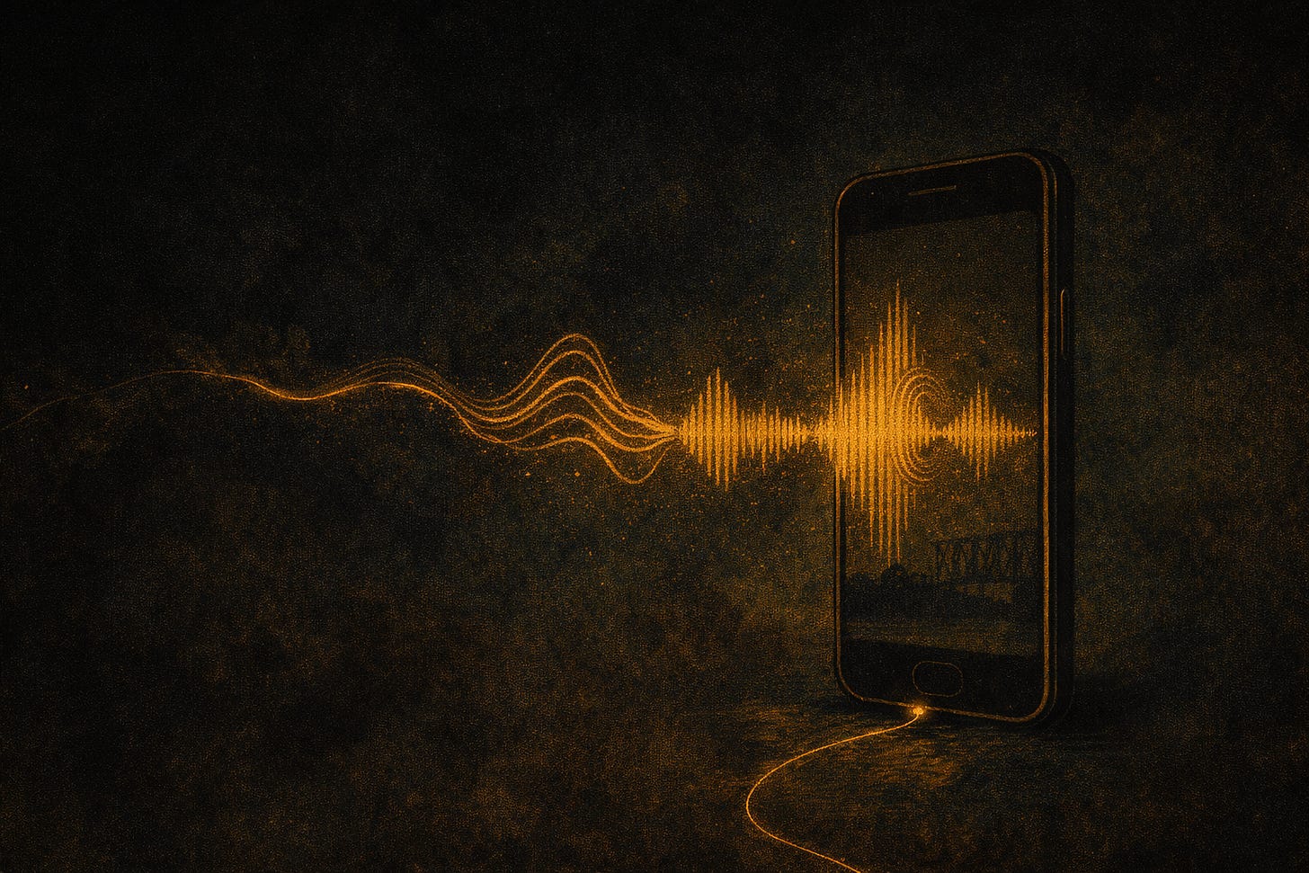 Oil-painted image of a smartphone standing in darkness as a golden audio waveform streams outward like a voice, curling toward the device while a thin gold thread trails from the charging port under dramatic shadowed light.