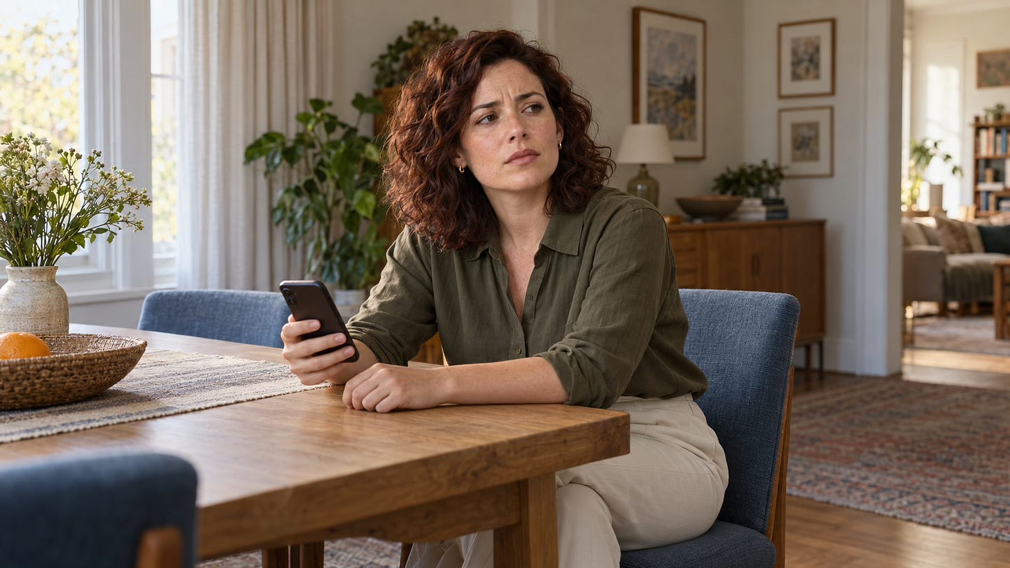 Woman holding a phone at a dining table, looking away from the screen with a thoughtful expression.