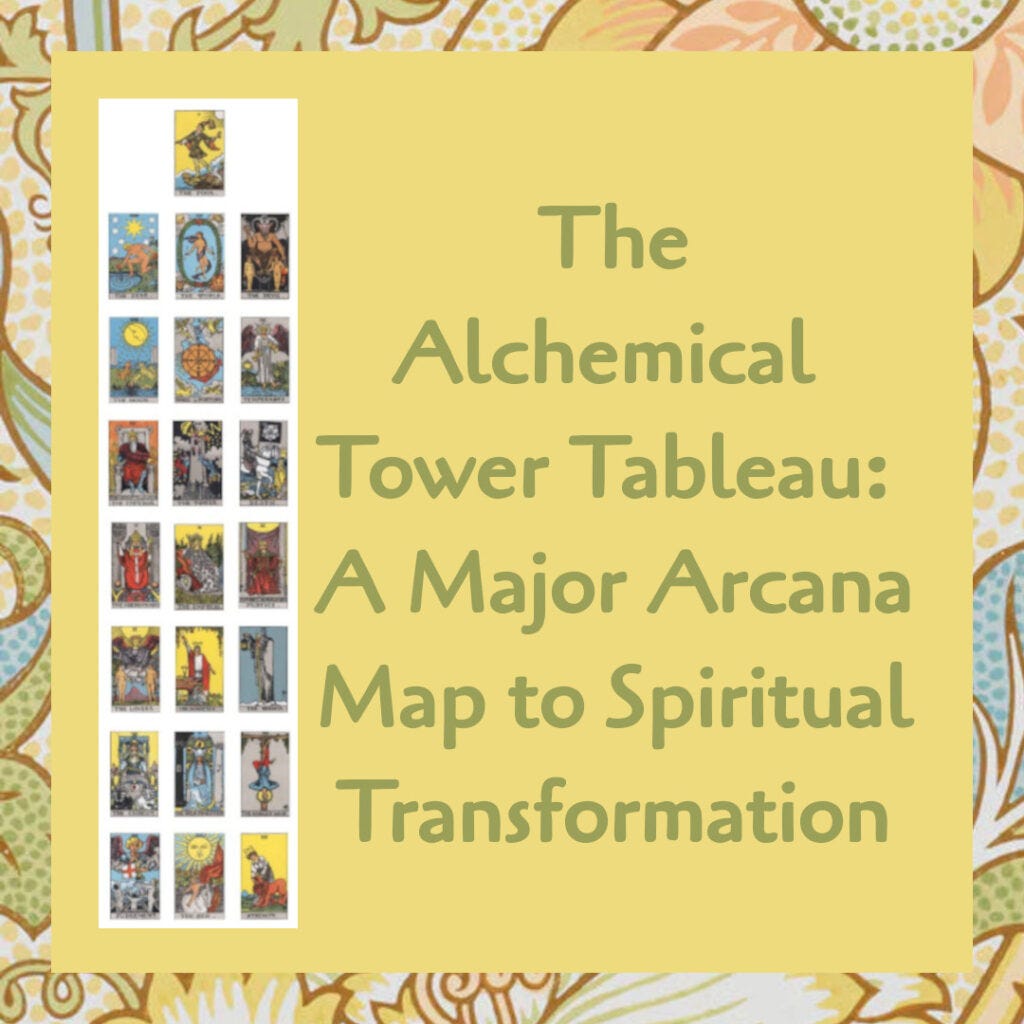 Square thumbnail for "The Alchemical Tower Tableau: A Major Arcana Map to Spiritual Transformation" has a bright yellow background and shows an image of the Major Arcana tarot cards arranged in a three column/seven row layout.