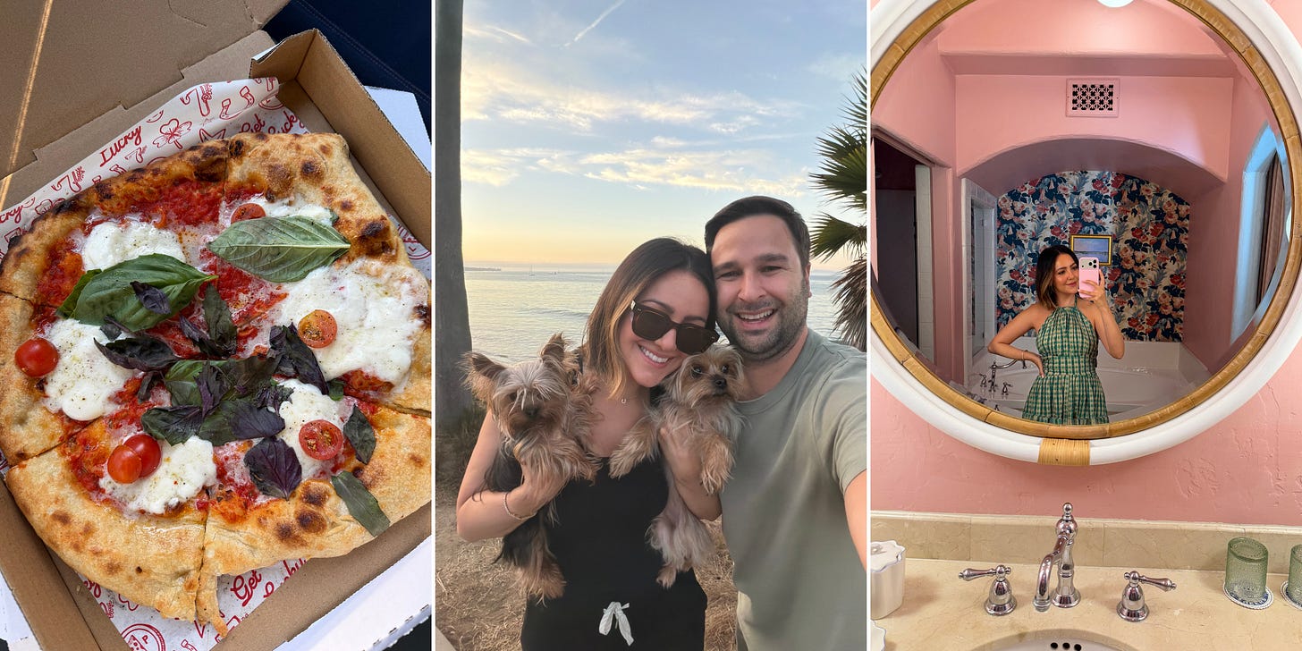 A pizza from Lucky Penny in Santa Barbara, a selfie of Erin O'Brien and Andrew Pilavjian with their two Yorkshire Terriers, and a mirror selfie of Erin wearing a dress in the bathroom of their hotel room at Palihouse Santa Barbara.