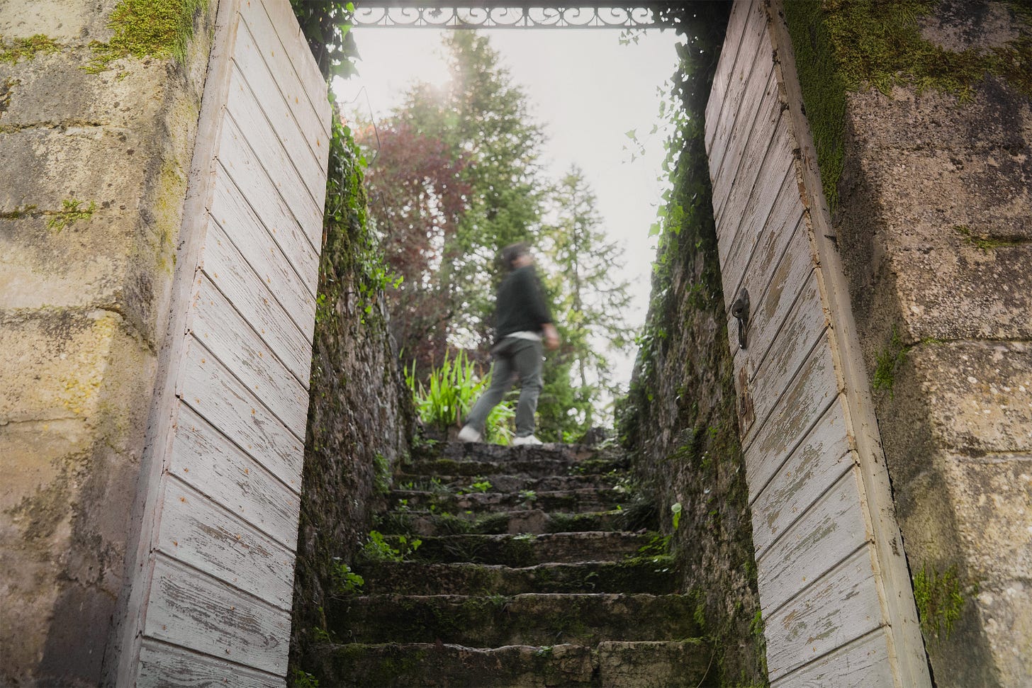 blurry person standing on top of stairs in a door frame