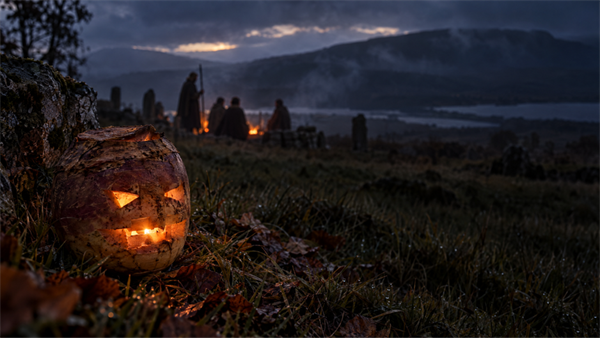 Title: A carved turnip lantern burns at dusk while figures gather near fires in the distance. - Description: A carved turnip lantern burns at dusk while figures gather near fires in the distance. Title: A carved turnip lantern burns at dusk while figures gather near fires in the distance. - Description: A carved turnip lantern burns at dusk while figures gather near fires in the distance.