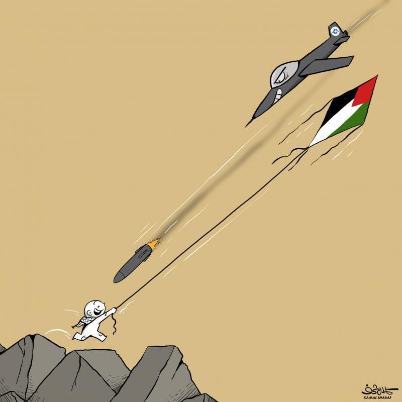 Cartoon showing a boy flying a kite with the Palestinian flag on it, while an Israeli fighter jet shoots down a missile at him. Cartoon showing a boy flying a kite with the Palestinian flag on it, while an Israeli fighter jet shoots down a missile at him.
