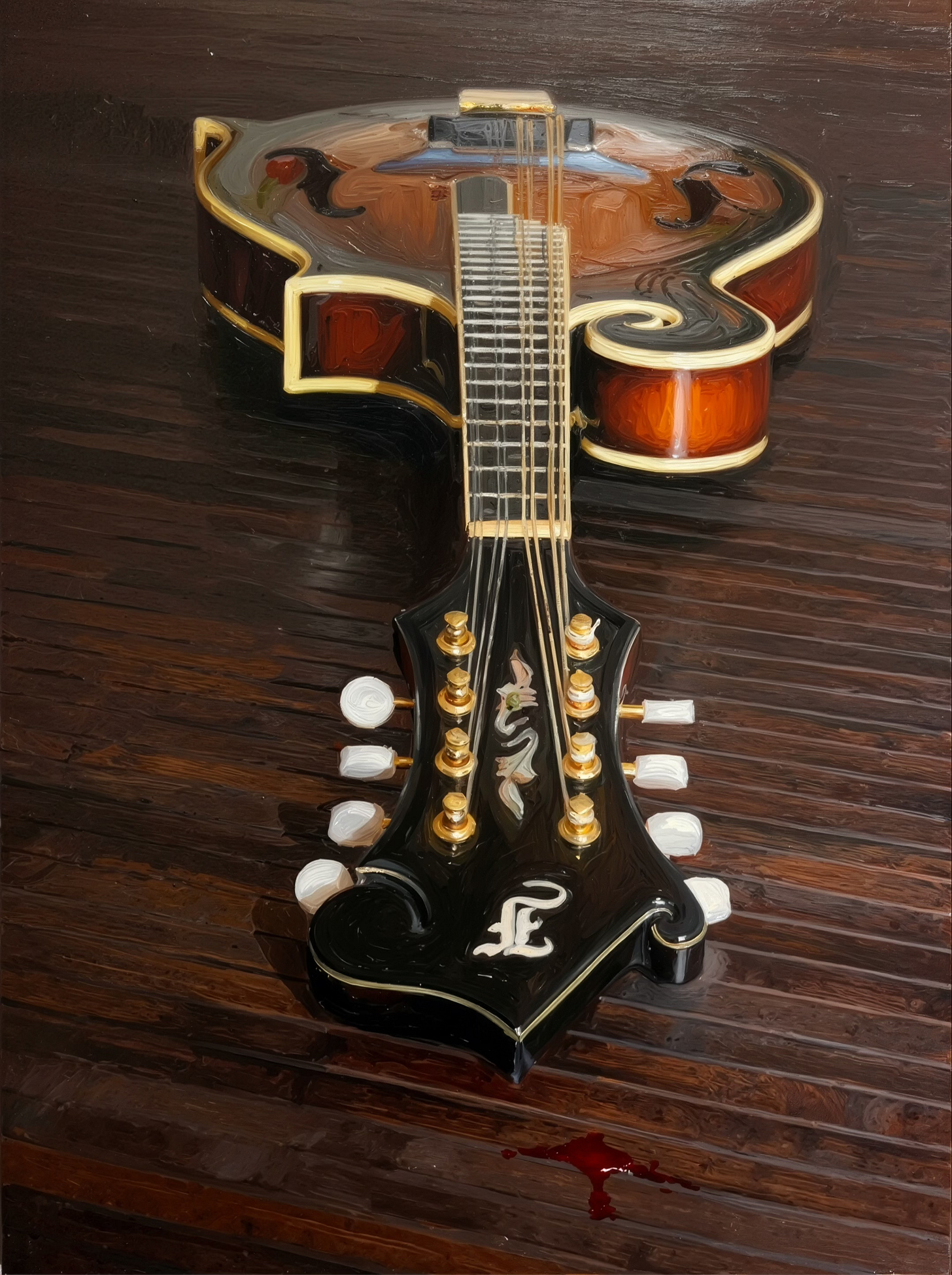 Oil painting of a bluegrass mandolin in extreme foreshortened perspective with the headstock at the bottom of the picture and pointing towards the viewer. A small spot of blood on the wooden surface below it.