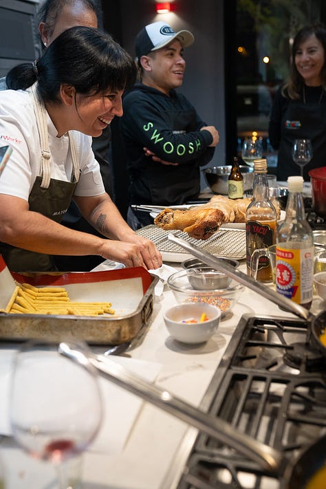 Nine images of Chef Arlette Eulert teaching, cooking, and smiling throughout her masterclass at Urban Kitchen