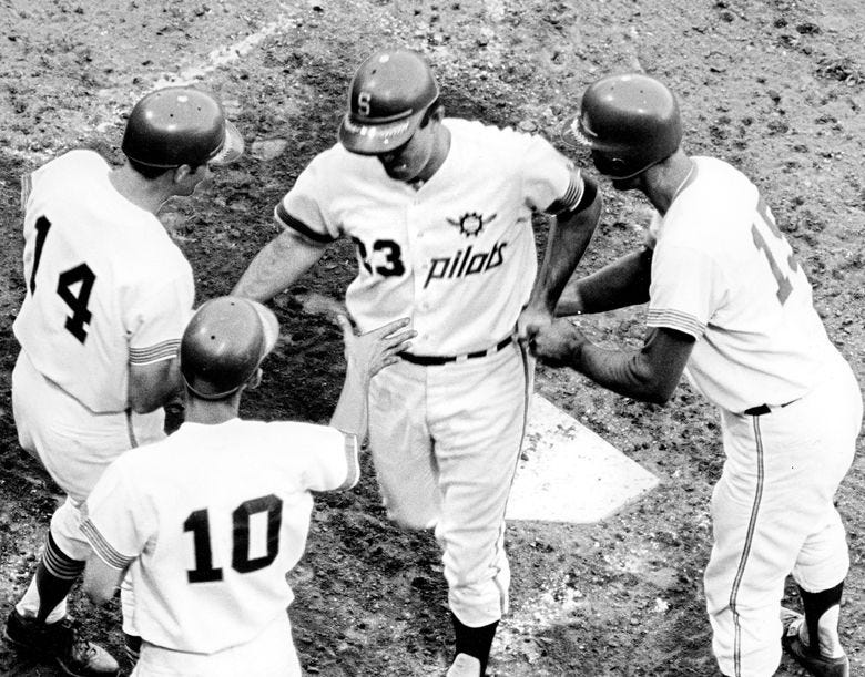 During a game in the 1969 season, Pilots’ Fred Talbot is greeted happily at the plate after slugging a grand slam. (Seattle Times Archives) During a game in the 1969 season, Pilots’ Fred Talbot is greeted happily at the plate after slugging a grand slam. (Seattle Times Archives)