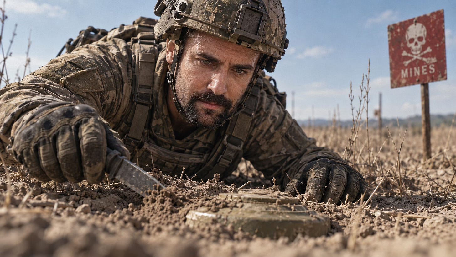 A man in military gear crawling across a dry minefield, carefully lifting a landmine from the soil with a knife, looking tense and focused