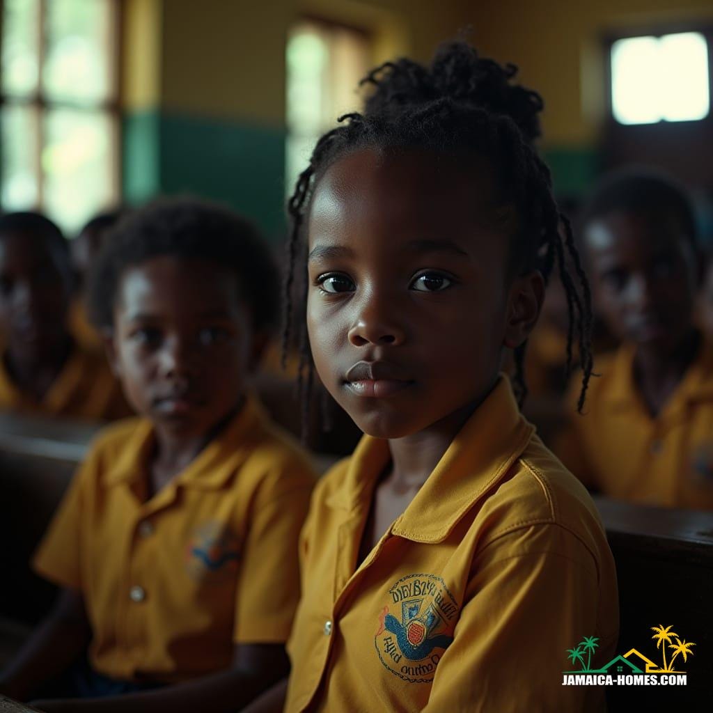 Cinematic film still of beautiful Jamaican children in a school in Jamaica, shot on v-raptor XL with 35mm film and film grain. Enhanced by atmospheric, cinematic lighting and a striking color grade, this masterpiece evokes an epic and stunning, dramatic quality with a subtle vignette and post-processing to capture the vibrant essence of childhood in Jamaica.