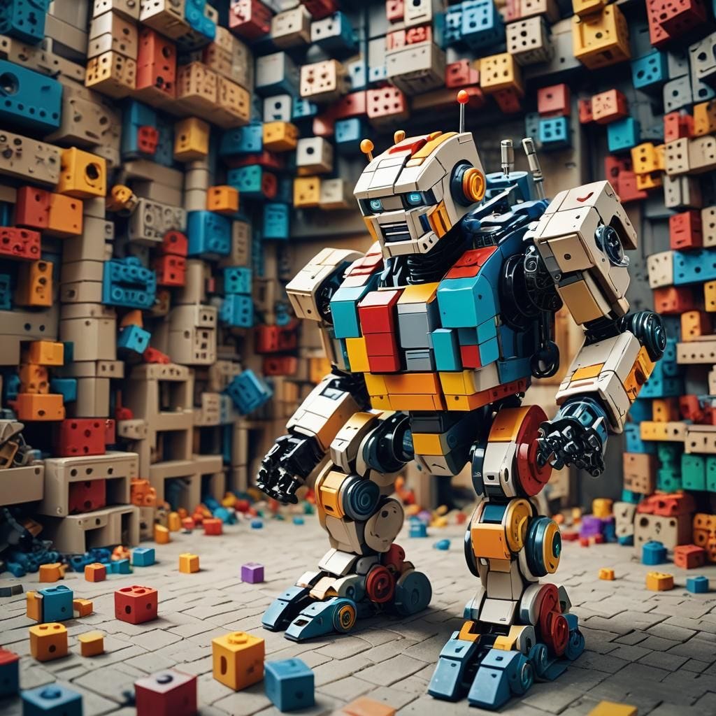 Genius, godlike robot building with multicolor building blocks