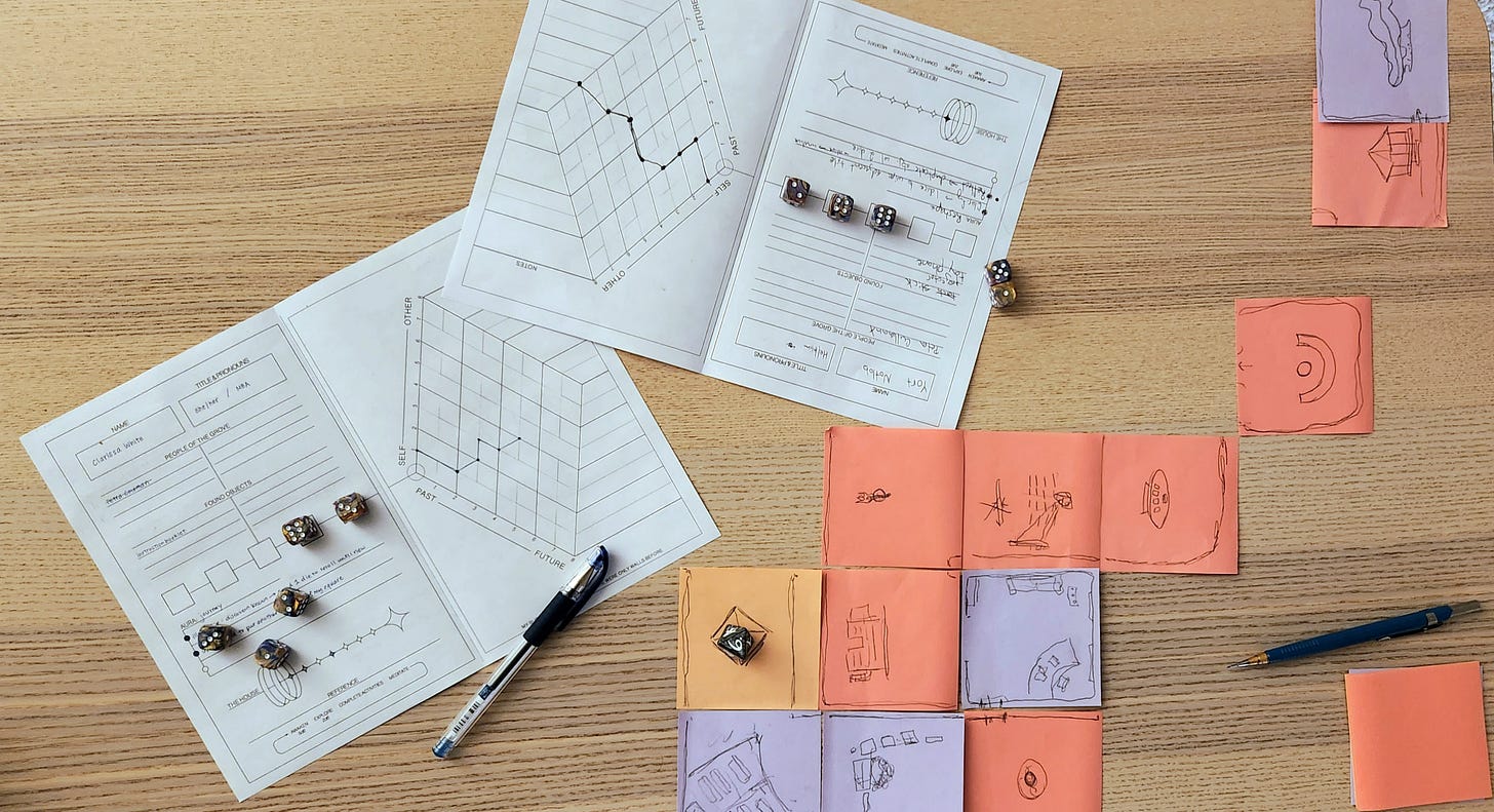 Sticky notes laid out to form a map on the bottom part of a wooden table, with rough features and walls sketched out on them. Above them are two bifold character sheets with a handful of six-sided dice placed on them.