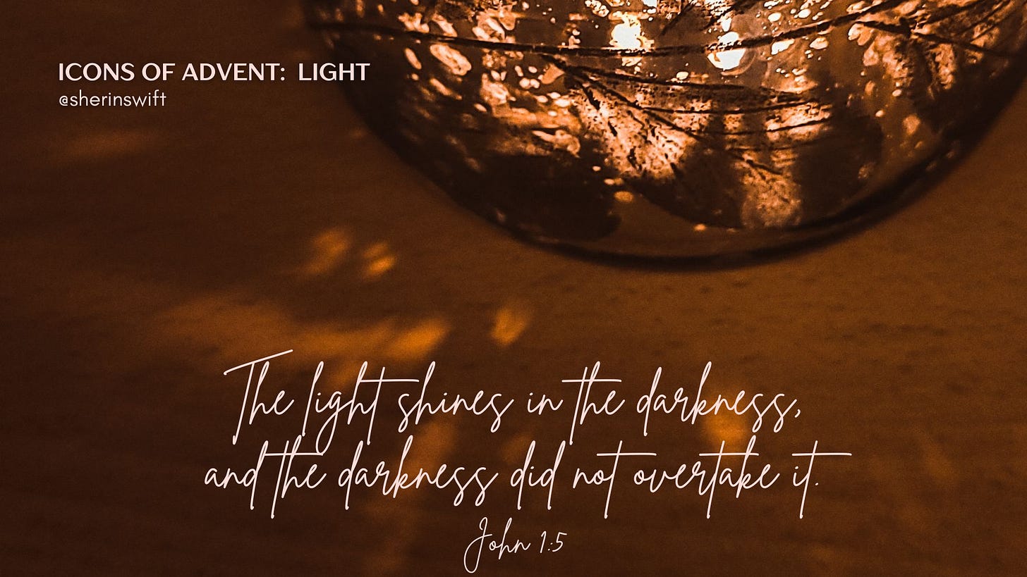 A picture of a candle holder casting light on a table top. John 1:5 is quoted: "John 1:5 (NRSVue) 5 The light shines in the darkness, and the darkness did not overtake it."