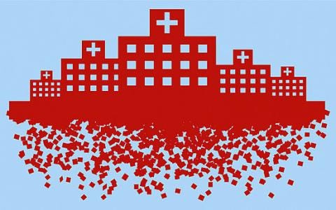 Graphic of health care buildings, foundation crumbling