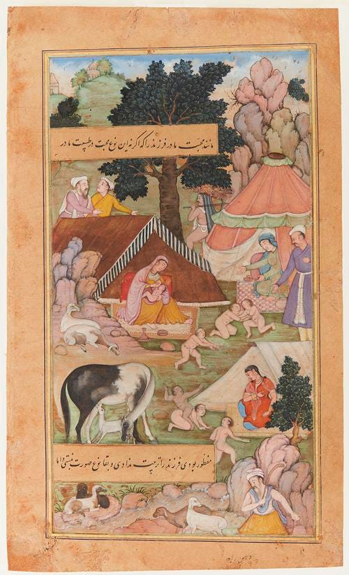 Illustration with two captions. At the centre is a woman breastfeeding an infant, with a nanny goat nursing a kid below her. On the right, two figures sit at other tents, and six naked infants play on the grass. There is a shepherd and more goats in the bottom right Illustration with two captions. At the centre is a woman breastfeeding an infant, with a nanny goat nursing a kid below her. On the right, two figures sit at other tents, and six naked infants play on the grass. There is a shepherd and more goats in the bottom right