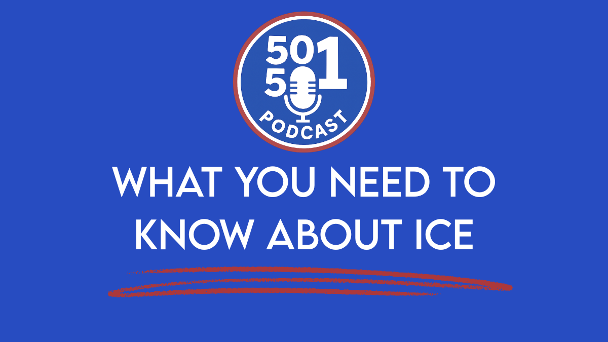 The 50501 Podcast graphic reading ‘What You Need to Know About ICE’ on a blue background.