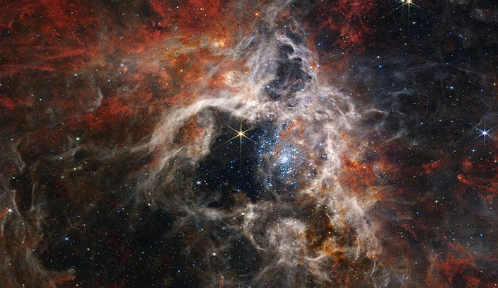 The James Webb Space Telescope captured this stunning image of the Tarantula Nebula in the Large Magellanic Cloud, 160,000 light-years away. Dense clouds of gas and dust form intricate, wispy structures, with bright blue stars indicating intense star formation. Surrounding areas in deep red and orange hues add to the nebula's dramatic appearance, showcasing the telescope's incredible detail and clarity. The James Webb Space Telescope captured this stunning image of the Tarantula Nebula in the Large Magellanic Cloud, 160,000 light-years away. Dense clouds of gas and dust form intricate, wispy structures, with bright blue stars indicating intense star formation. Surrounding areas in deep red and orange hues add to the nebula's dramatic appearance, showcasing the telescope's incredible detail and clarity.