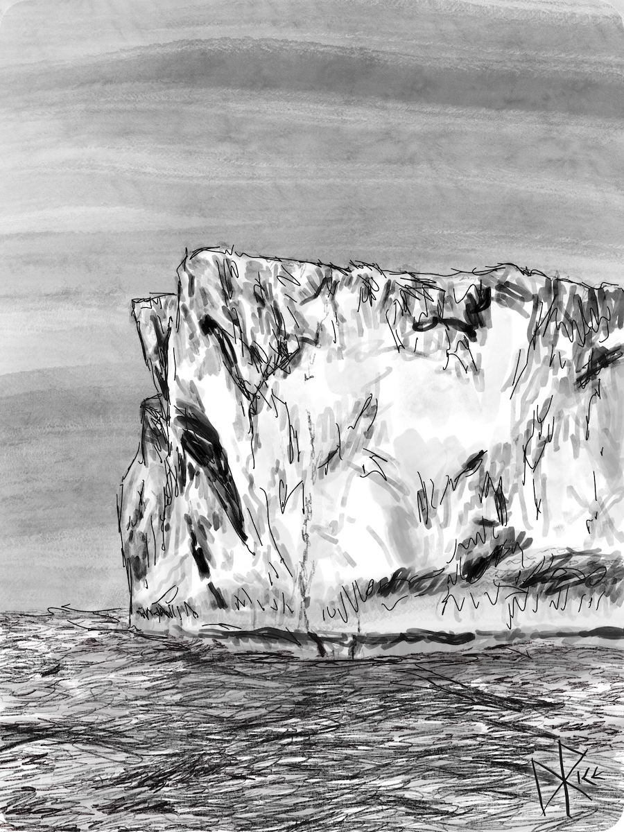 An iceberg calved from a glacier wall sits in a turbulent sea, melting slowly and depleting regional freshwater resources and driving global sea levels to rise at ever-faster rates. Sketch art by Don Rice.