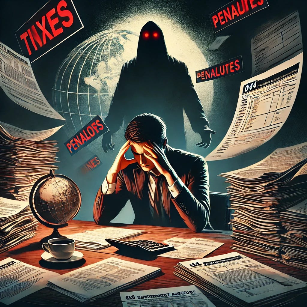 A dramatic illustration showing a person stressed at a desk surrounded by piles of legal documents and tax forms. In the background, a shadowy figure representing a government auditor looms over the scene. A globe on the desk signifies foreign assets, and red warning signs like 'Penalties' and 'Fines' hover around, creating a tense atmosphere. The style is realistic with bold, dark tones to emphasize the seriousness of the situation.