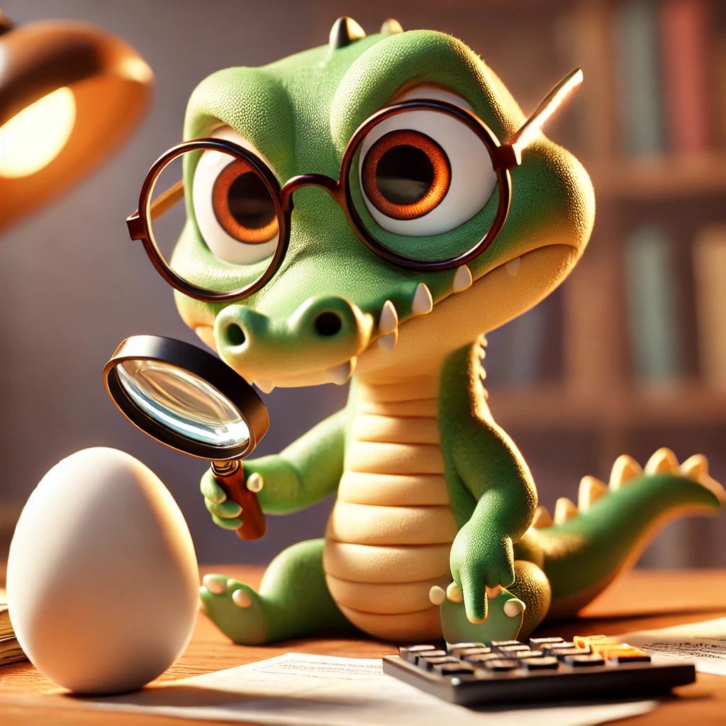 A small, cute, anthropomorphic alligator with a Pixar-Disney style animation, wearing glasses and a thoughtful expression. Croaky is sitting at a desk, holding a magnifying glass in one hand and carefully examining an egg. In the other hand, he holds a calculator, as if calculating the economic impact of egg prices. The scene has a warm, well-lit study environment with books and financial charts in the background, emphasizing an intellectual and analytical atmosphere.