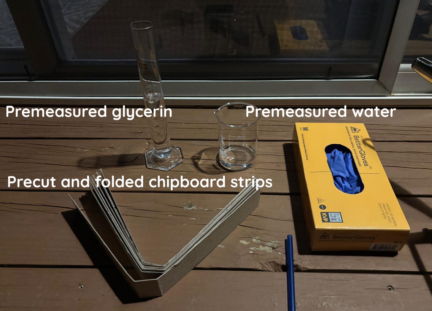 Glycerin, water, precut & folded chipboard, gloves