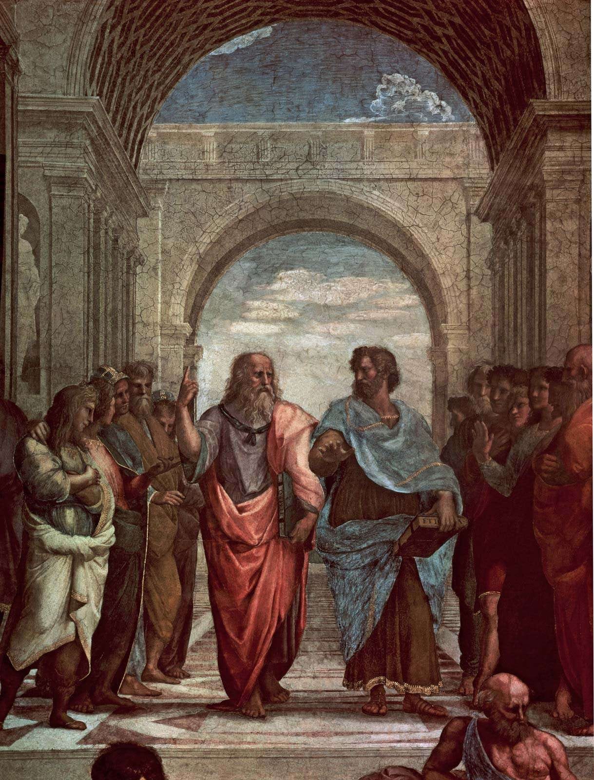 Plato (left) and Aristotle, detail from School of Athens, fresco by Raphael, 1508-11; in the Stanza della Segnatura, the Vatican. Plato points to the heavens and the realm of Forms, Aristotle to the earth and the realm of things.