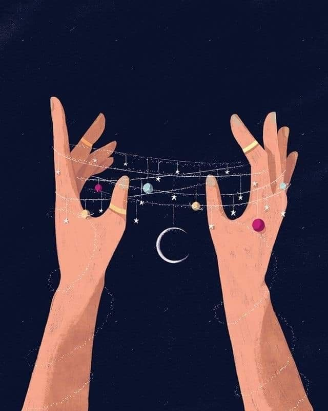 This may contain: two hands reaching for a string with the moon and stars in the sky above them