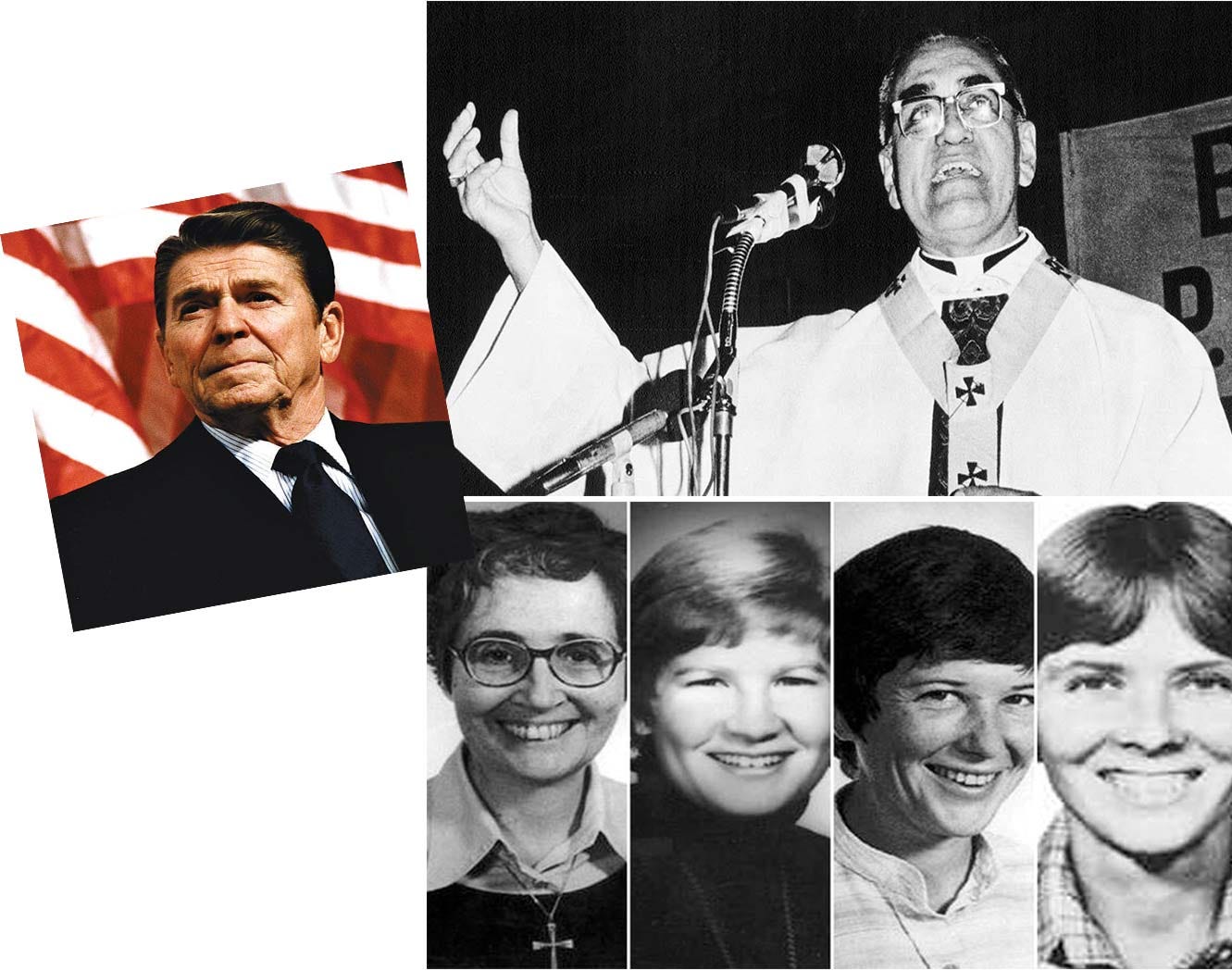 President Ronald Reagan in 1982; Archbishop Oscar Romero, assassinated in March 1980, and the four American Catholic missionaries murdered in the same year by the Salvadoran National Guard: Maura Clarke, Jean Donovan, Ita Ford, and Dorothy Kazel.