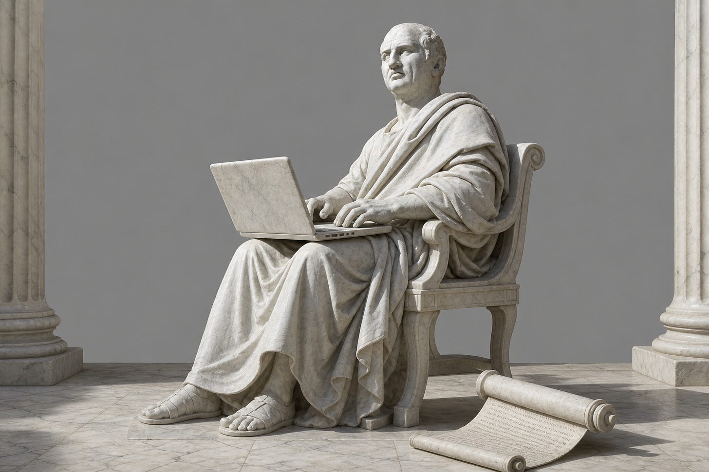 Cicero statue typing on a laptop in a curule chair, Roman setting