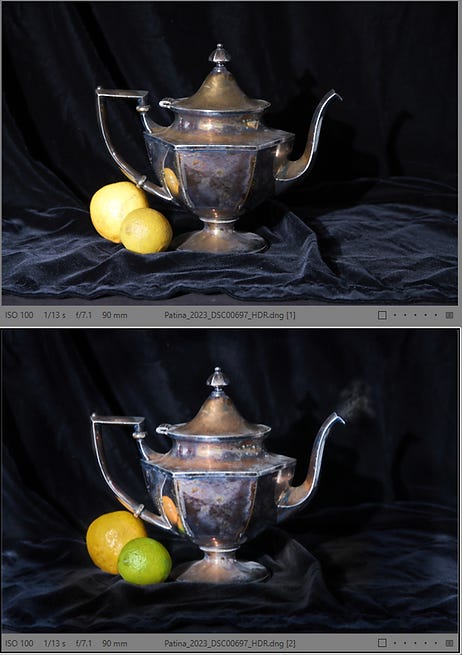 Old silver tea pot with patina with lemon and lime fruit.  Before and after professional editing